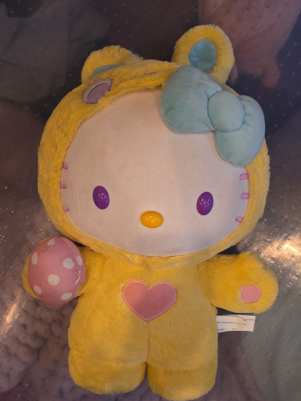 Sanrio Hello Kitty Greeter Yellow Plush with Blue Bow and Pink Accents Bunny